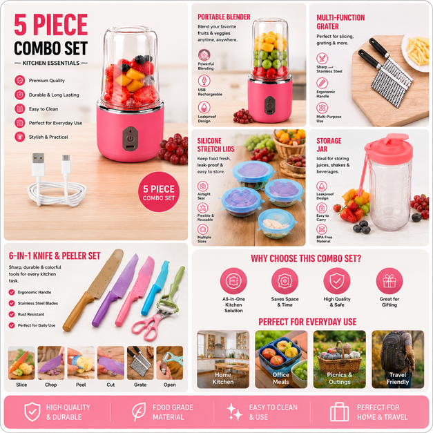 5-piece kitchen combo set with portable blender, multi-function grater, storage jar, 6-in-1 knife & peeler set on a wooden surface.