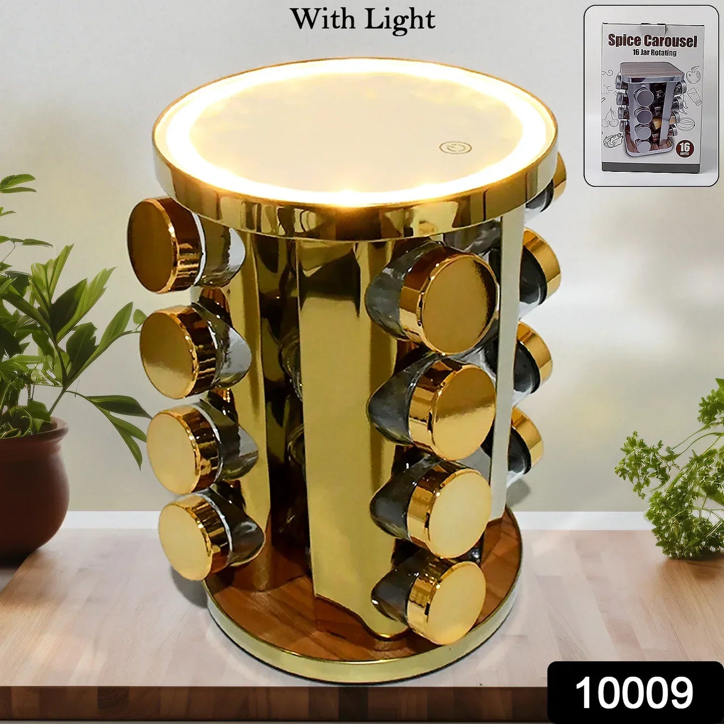 Gold rotating spice carousel with light, 16 glass jars, modern kitchen counter organizer