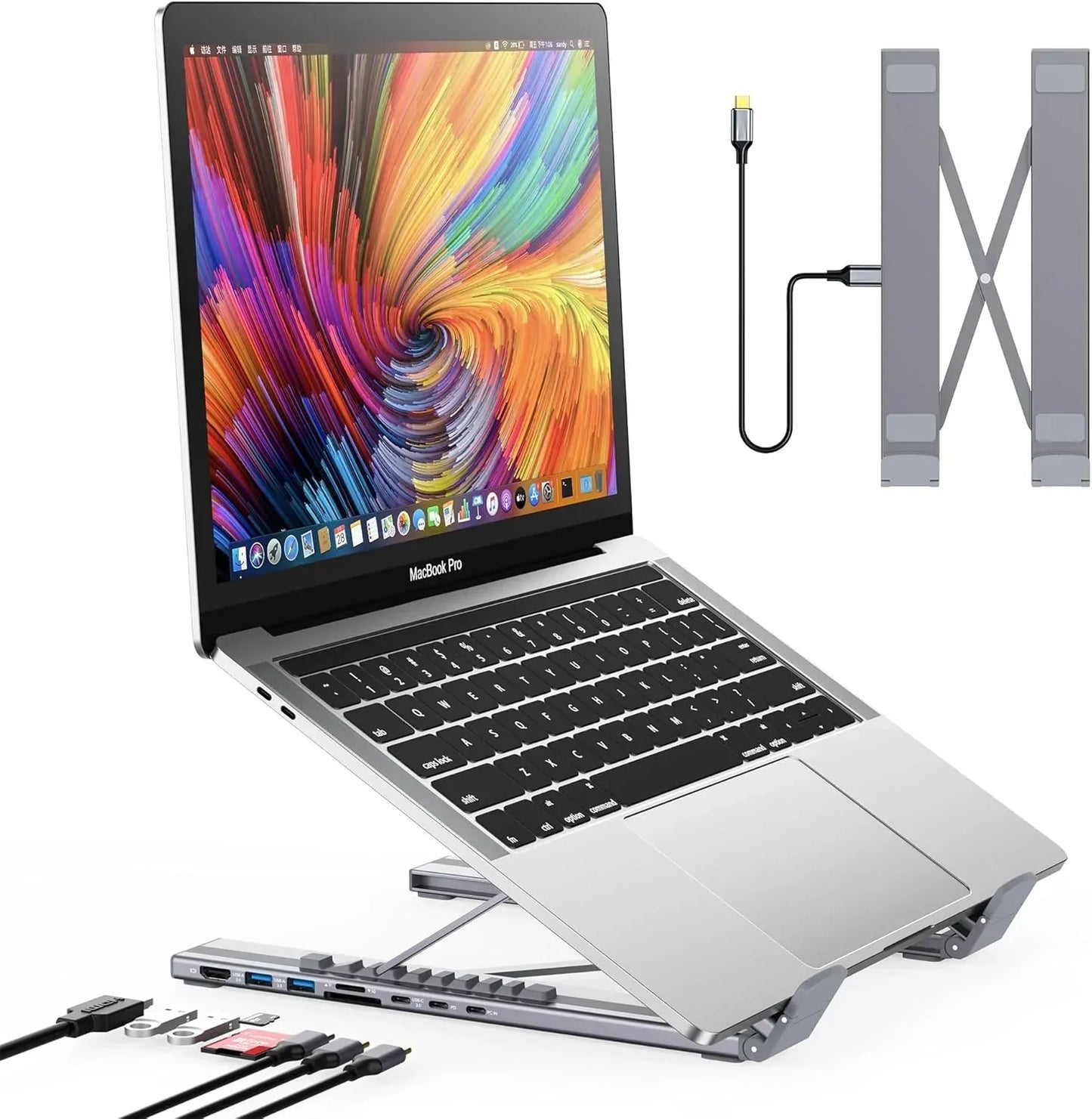 Adjustable laptop stand with MacBook, USB hub, and multiple connectivity ports
