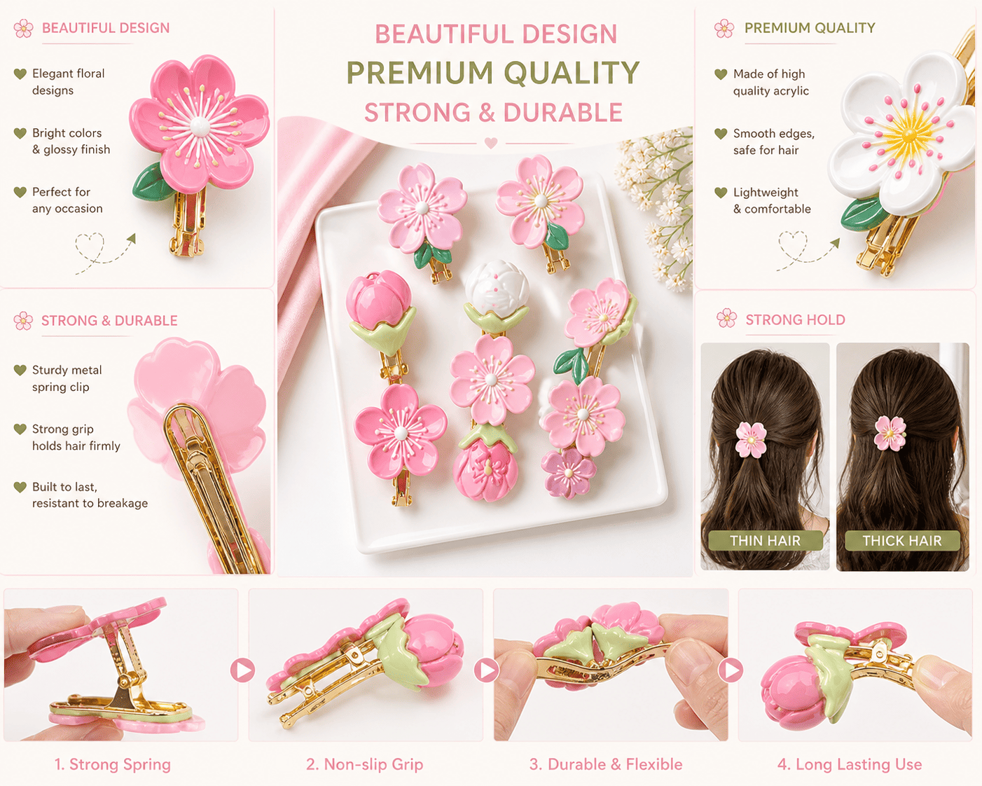 Premium Floral Hair Clips Set | Strong Grip, Durable & Stylish | Hair Accessories for Women & Girls - Azarbex™