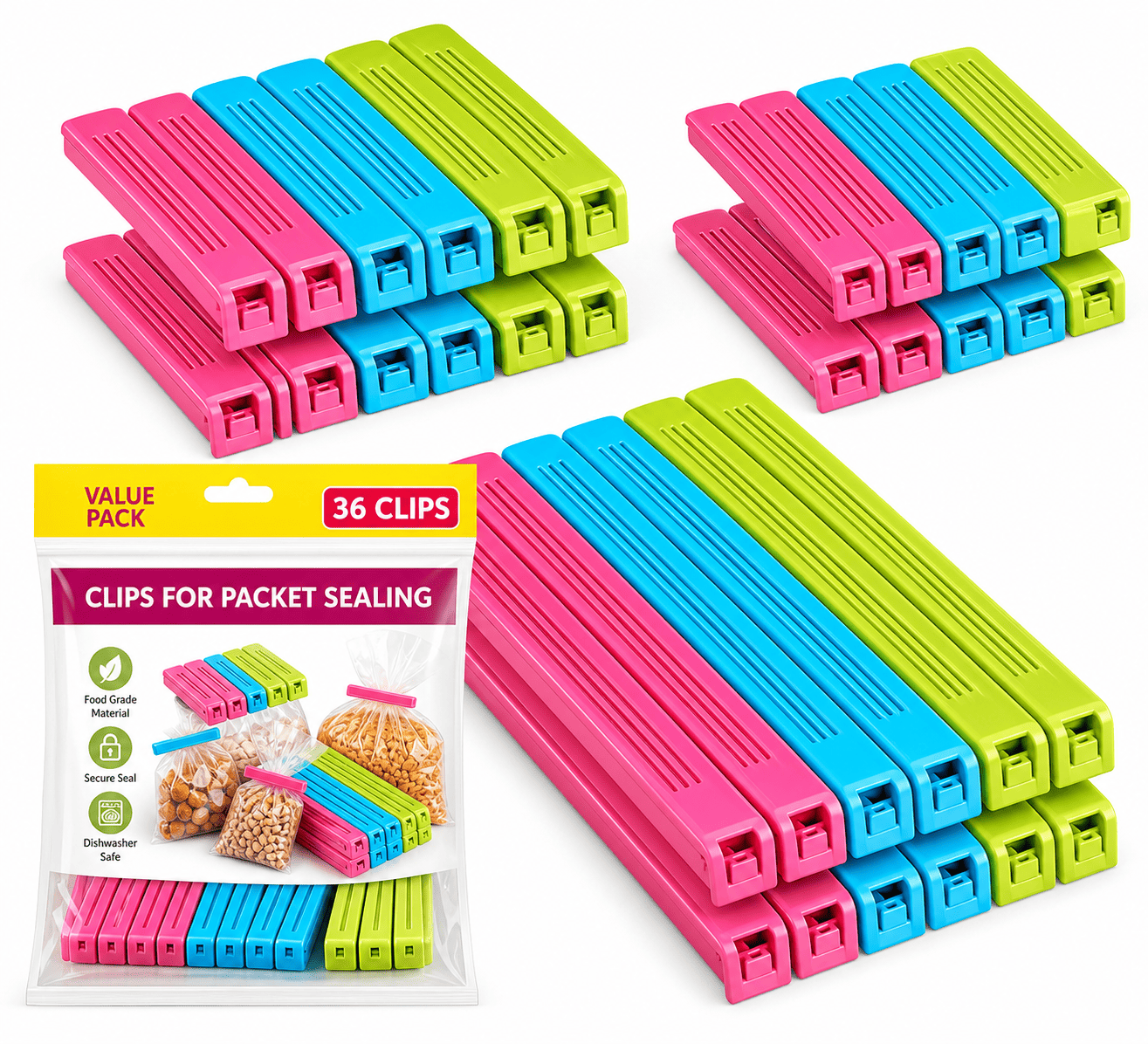 Colorful clips for packet sealing with packaging on a white background