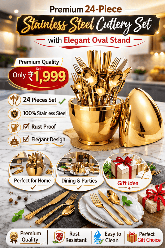👉 Premium 24-Piece Stainless Steel Cutlery Set with Stand | Golden Dining Set India - azarbex.store