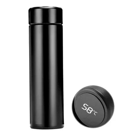 Black smart water bottle with digital temperature display on lid, modern insulated flask