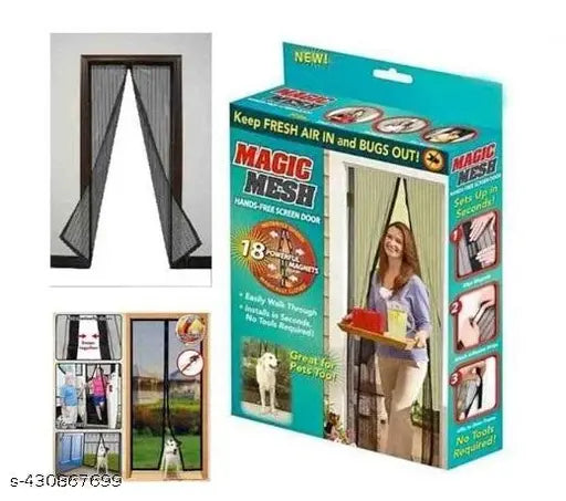 Magic Mesh screen door with packaging and usage examples on a white background