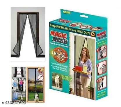 Magic Mesh screen door with packaging and usage examples on a white background