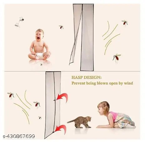 Illustration of a baby and a cat with a fly screen and text explaining its design.