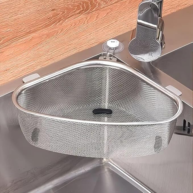Stainless Steel Sink Corner Strainer | Multifunctional Triangle Drain Basket & Sponge Holder – Multicolor
