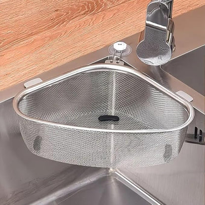 Stainless Steel Sink Corner Strainer | Multifunctional Triangle Drain Basket & Sponge Holder – Multicolor