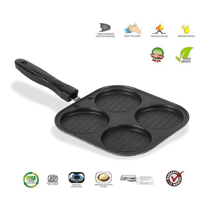 Black three-section frying pan with features on a white background