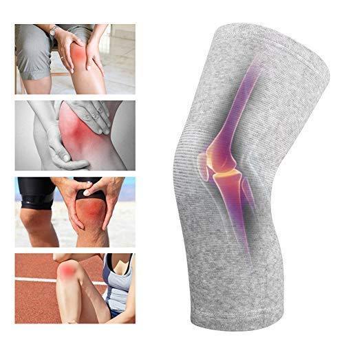 Gray knee support sleeve with joint pain relief illustration, suitable for sports or injury recovery