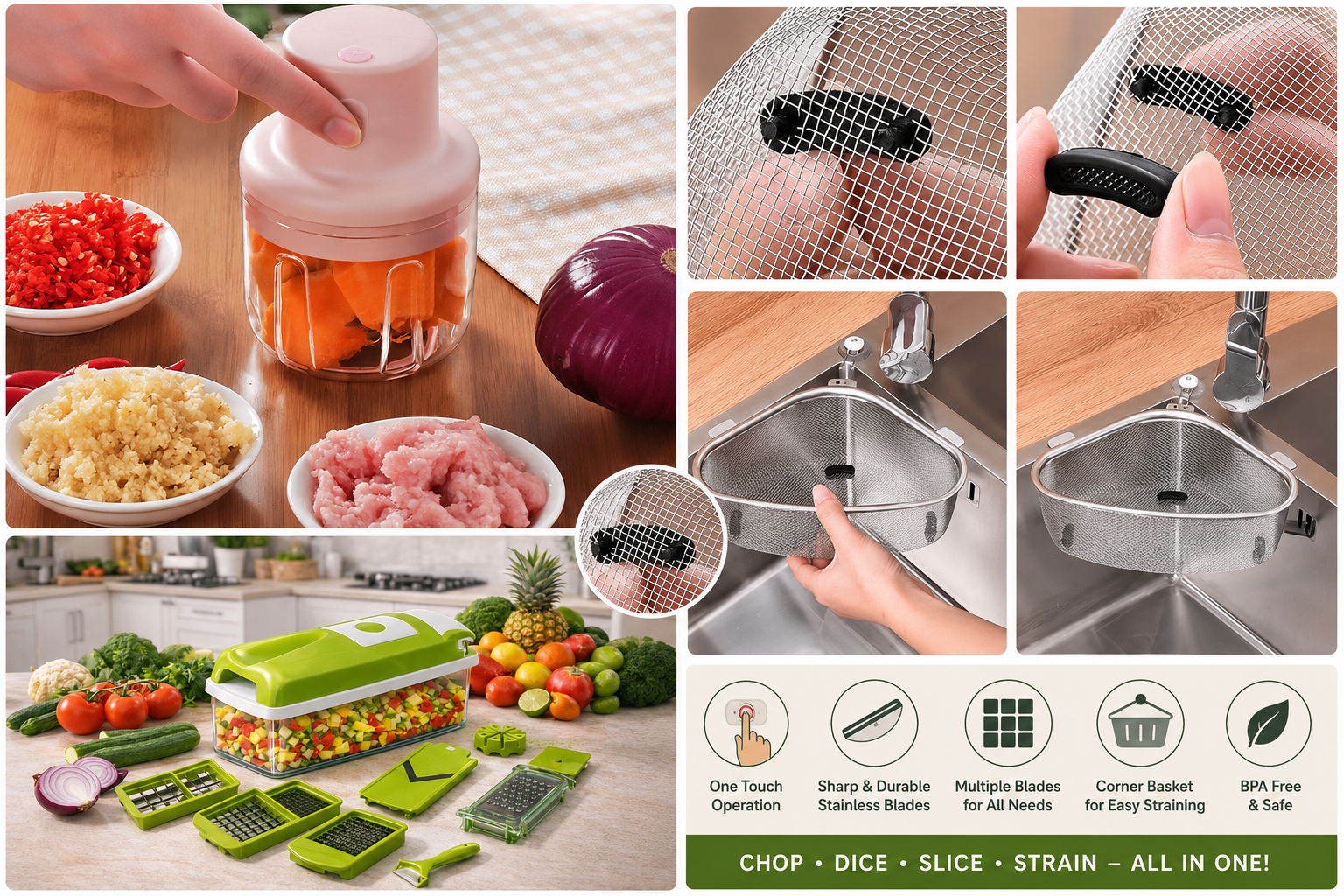 A multi-functional manual vegetable chopper and slicer set shown in a collage format, featuring a pink-and-clear chopper, stainless steel mesh strainer, green-and-clear blade attachments, and usage demonstrations in a kitchen setting.