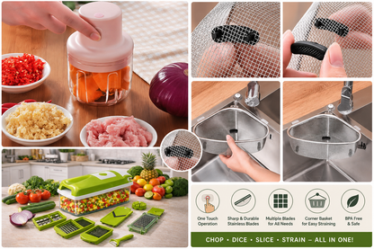 A multi-functional manual vegetable chopper and slicer set shown in a collage format, featuring a pink-and-clear chopper, stainless steel mesh strainer, green-and-clear blade attachments, and usage demonstrations in a kitchen setting.