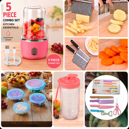 Collage of kitchen tools including a pink blender, food chopper, and containers on a wooden surface.