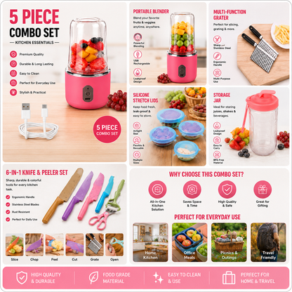 5-piece kitchen combo set with portable blender, multi-function grater, storage jar, 6-in-1 knife & peeler set on a wooden surface.