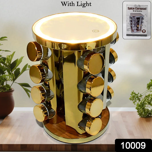 Gold rotating spice carousel with light, 16 glass jars, modern kitchen counter organizer