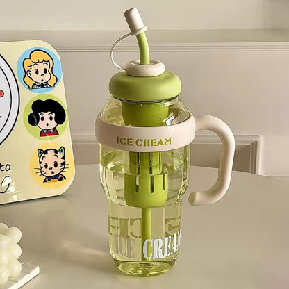 Approx 1300ml Large Capacity Cute Ice Cream Themed Water Bottle With Handle Straw  Fruit Infuser  Leakproof Sipper For Kids  Adults
