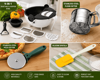 9-in-1 Multifunctional Vegetable Chopper Bowl Combo Kit with Pizza Cutter, Flour Sifter & Silicone Spatula – Azarbex™