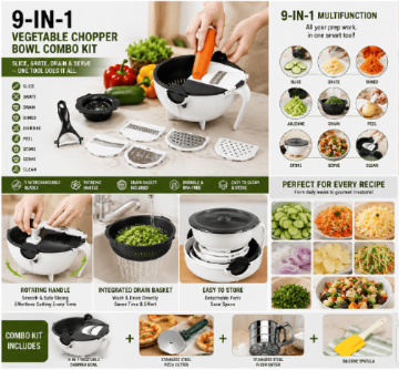 9-in-1 Multifunctional Vegetable Chopper Bowl Combo Kit with Pizza Cutter, Flour Sifter & Silicone Spatula – Azarbex™