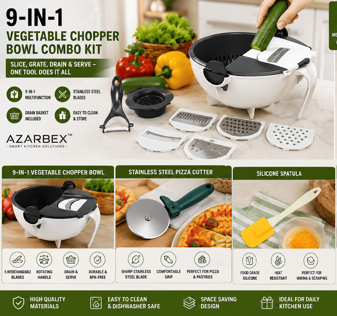 9-in-1 Multifunctional Vegetable Chopper Bowl Combo Kit with Pizza Cutter, Flour Sifter & Silicone Spatula – Azarbex™