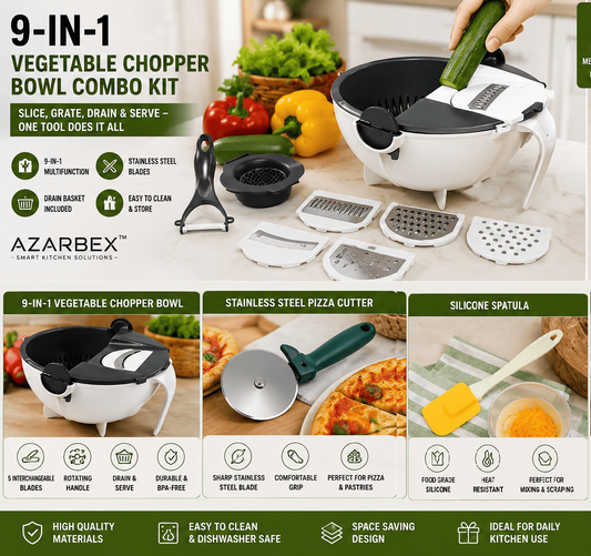 9 in 1 Multi functional Vegetable Chopper Bowl Combo Kit with Pizza Cutter, Flour Sifter & Silicone Spatula – Azarbex™