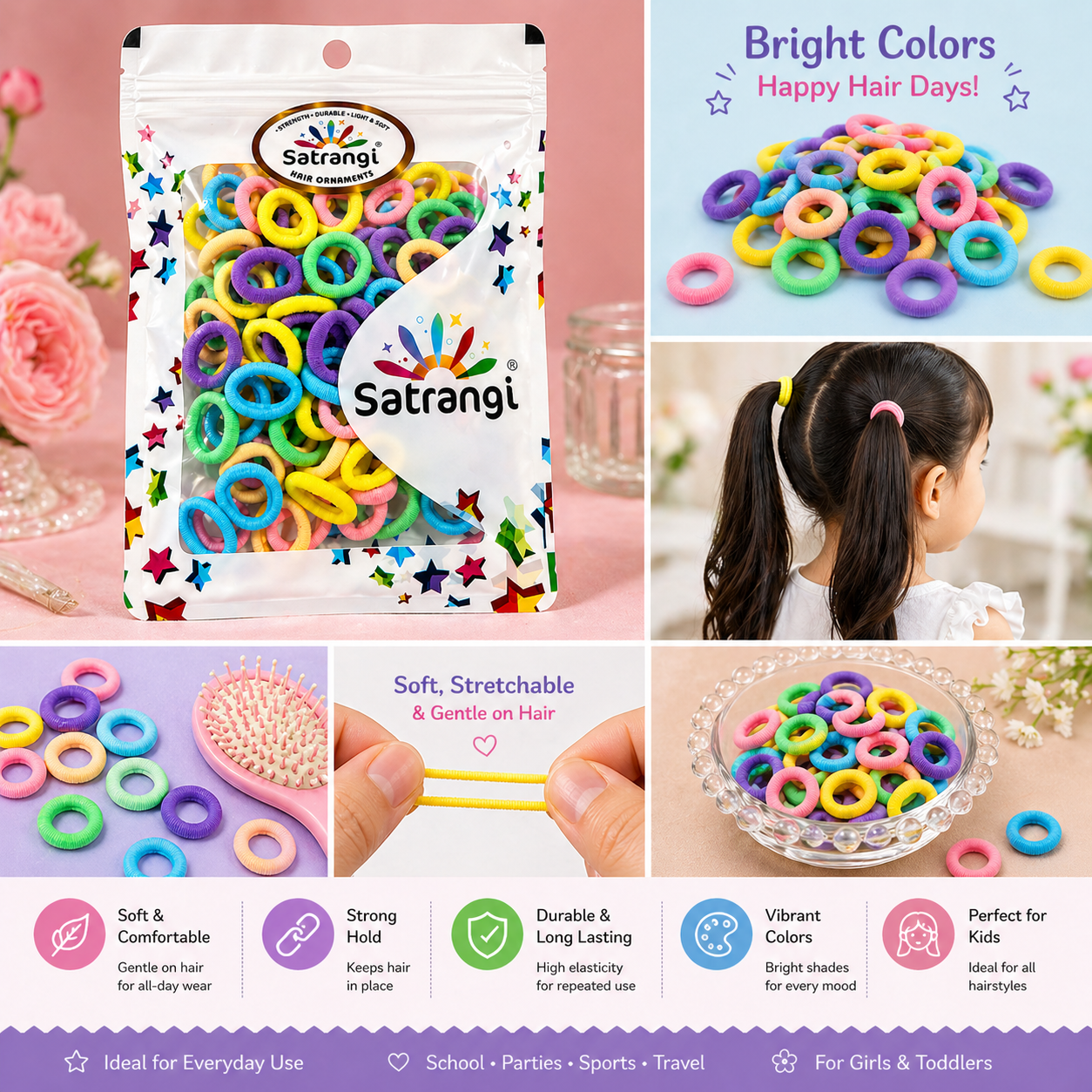 Azarbex™ Colorful Kids Hair Bands Pack | Soft Stretch Elastics