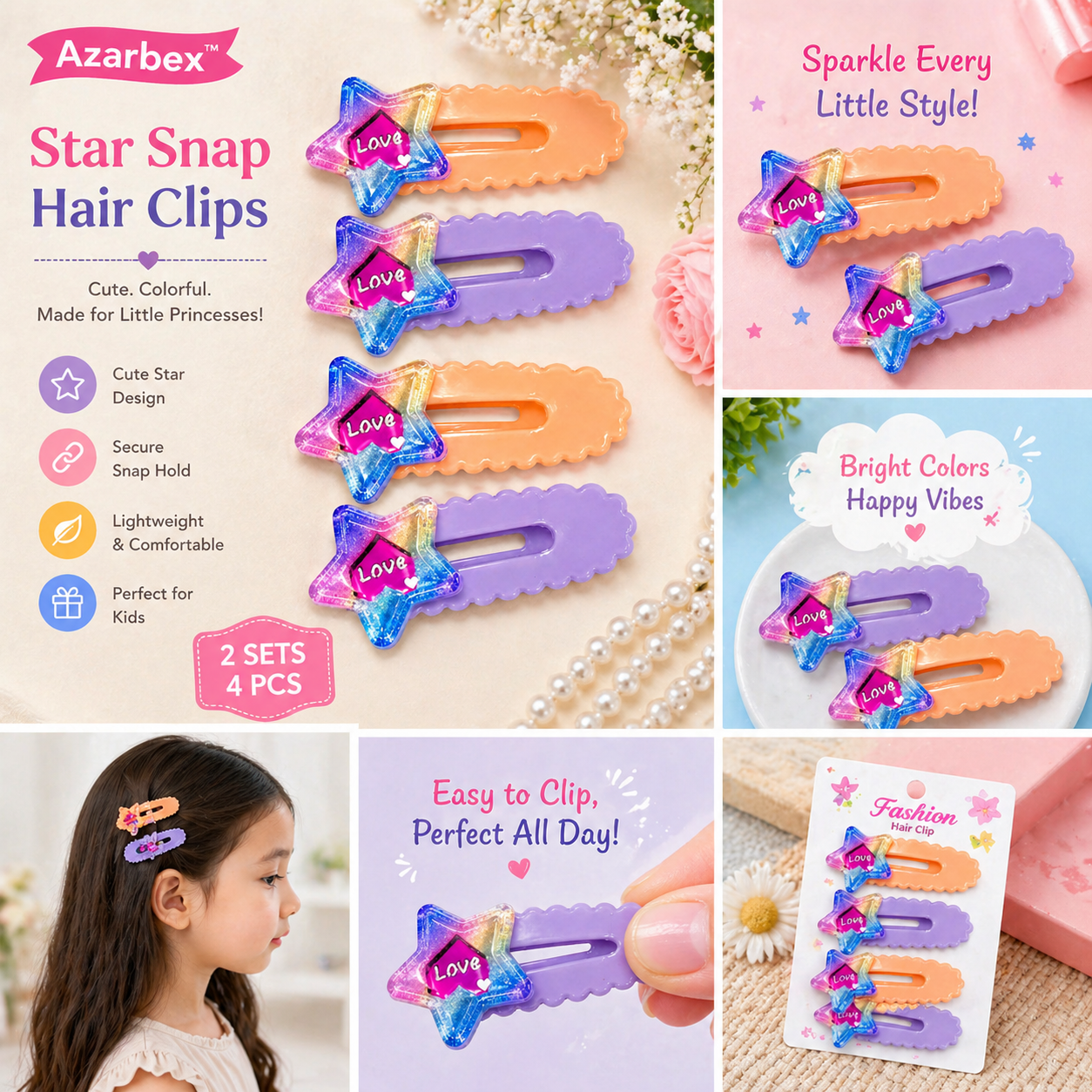Star Snap Hair Clips 4Pcs | Glitter Love Hair Pins – Azarbex