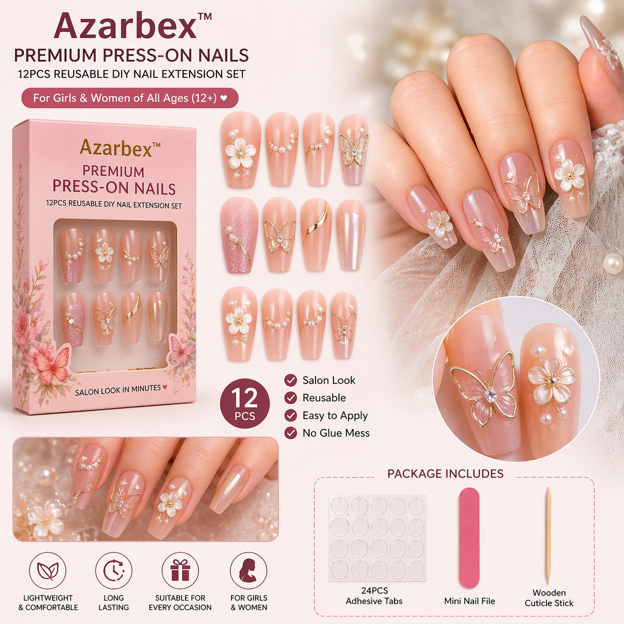 Azarbex™ Premium Press-On Nails – 12PCS Reusable DIY Nail Extension Set for Girls & Women