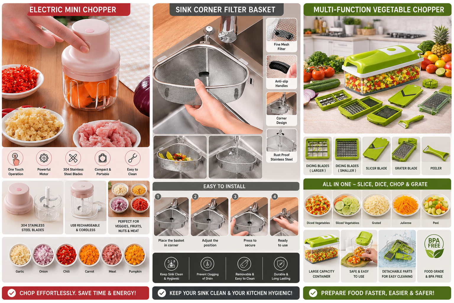 A comprehensive infographic collage showcasing an electric mini chopper and a multi-function vegetable chopper. The collage features step-by-step installation instructions, before-and-after food preparation comparisons, close-up views of the chopper in use, and detailed views of its various blades and accessories.