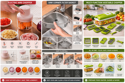 A comprehensive infographic collage showcasing an electric mini chopper and a multi-function vegetable chopper. The collage features step-by-step installation instructions, before-and-after food preparation comparisons, close-up views of the chopper in use, and detailed views of its various blades and accessories.