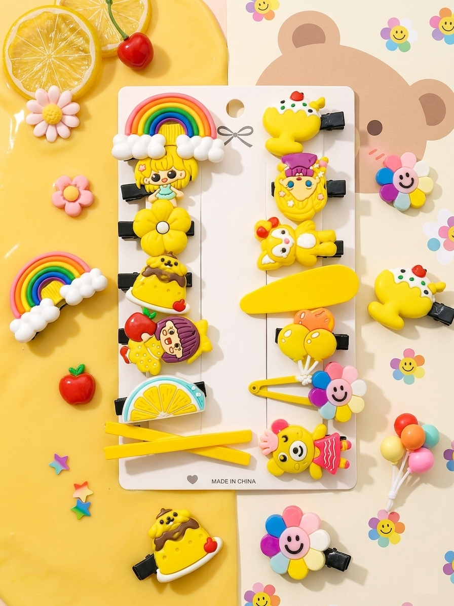Set of colorful hair accessories on a yellow background with cartoon characters and decorative elements.