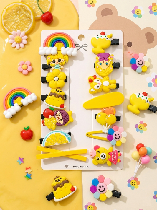 Set of colorful hair accessories on a yellow background with cartoon characters and decorative elements.