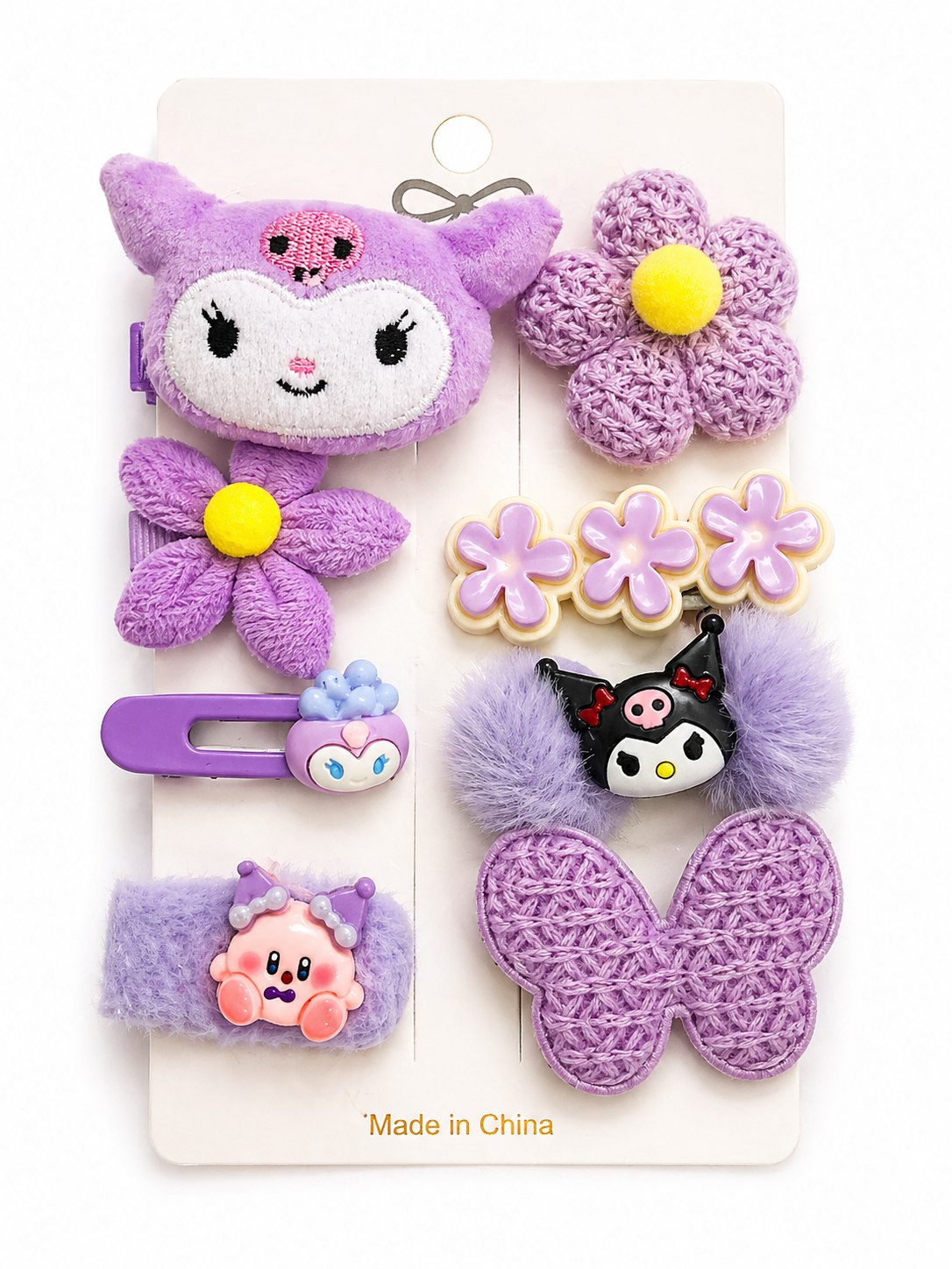 Set of purple hair accessories with cartoon characters on a white background