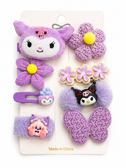 Set of purple hair accessories with cartoon characters on a white background