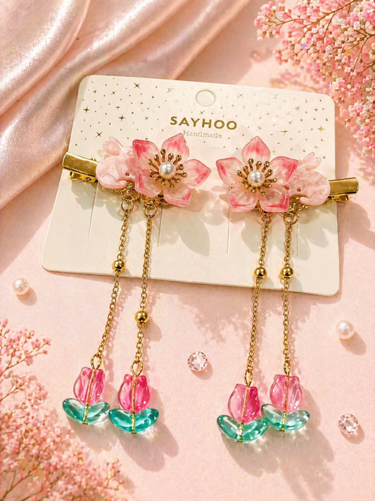 Sakura Flower Hair Clips | Pearl & Tassel Barrette – Azarbex