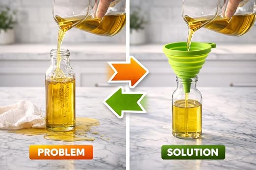 Comparison of pouring oil directly into a bottle versus using a green funnel for better pouring.