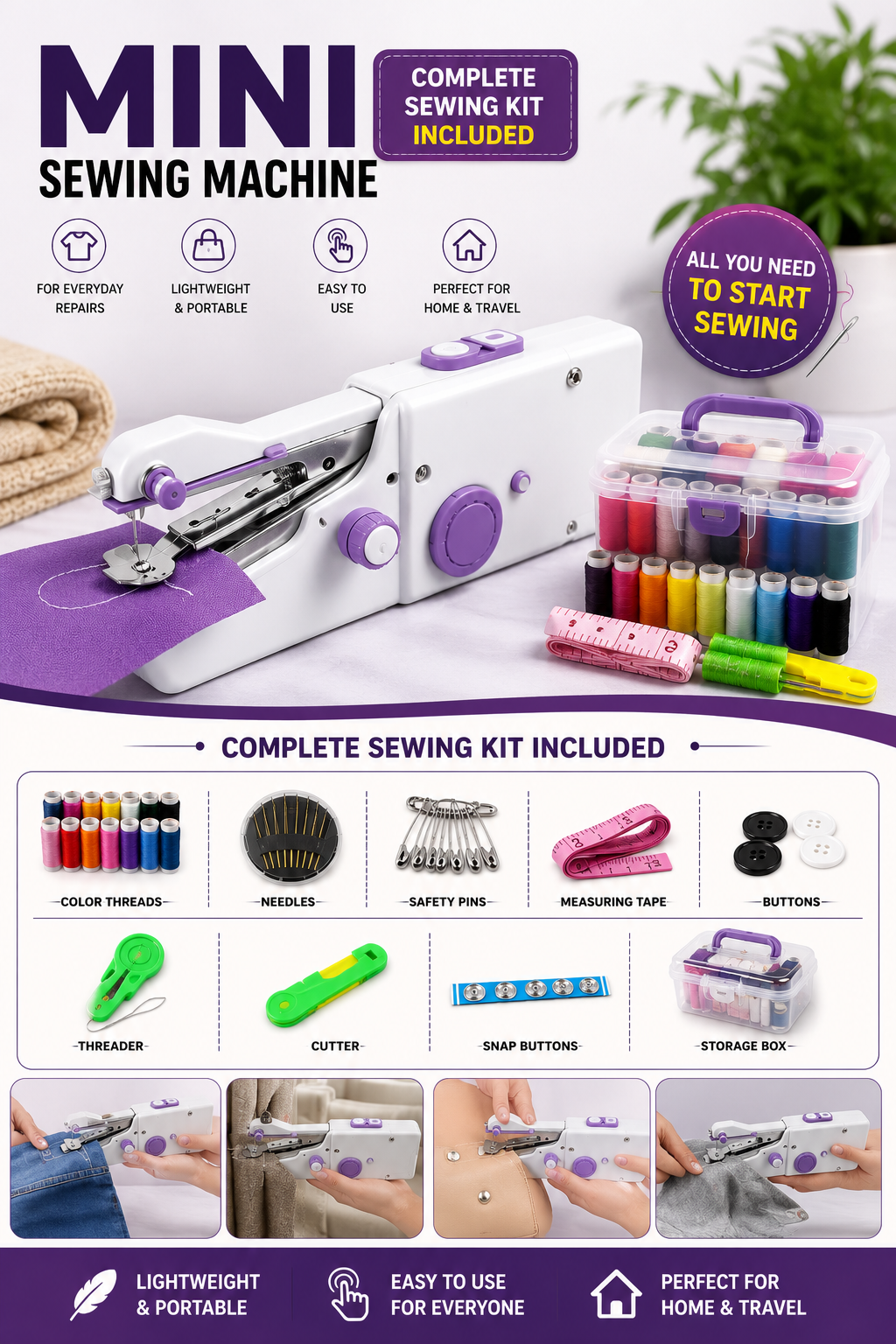 A promotional product graphic for a mini sewing machine kit. The main subject is a compact white and purple sewing machine shown prominently, with a clear storage box of colorful sewing threads and other kit accessories arranged beside it.