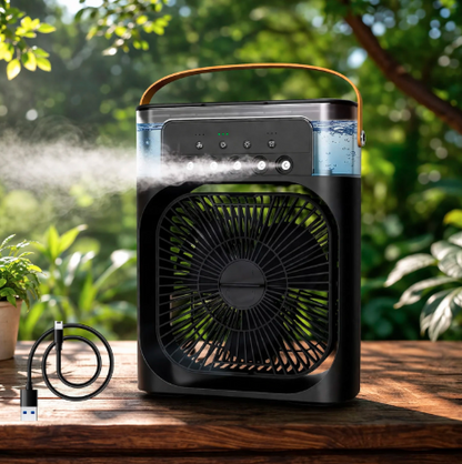 Portable air cooler with mist feature on a wooden surface outdoors