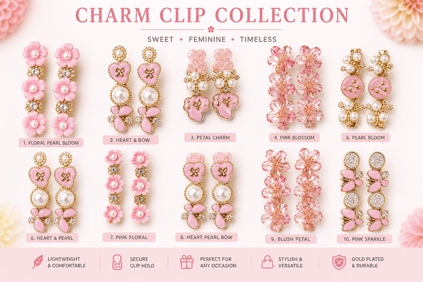 Pink Floral Pearl Hair Clips for Girls | Korean Style Gold Hair Accessories – Azarbex™