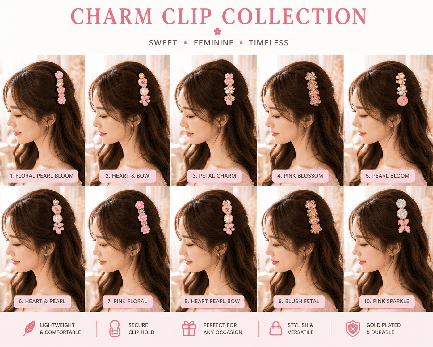 Pink Floral Pearl Hair Clips for Girls | Korean Style Gold Hair Accessories – Azarbex™