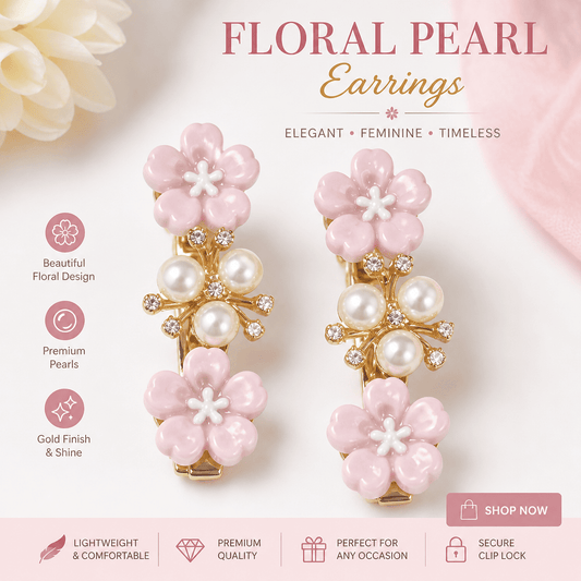 Pink Floral Pearl Hair Clips for Girls | Korean Style Gold Hair Accessories – Azarbex™
