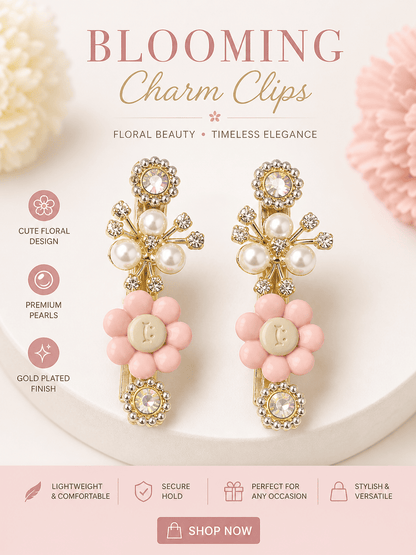 Pink Floral Pearl Hair Clips for Girls | Korean Style Gold Hair Accessories – Azarbex™