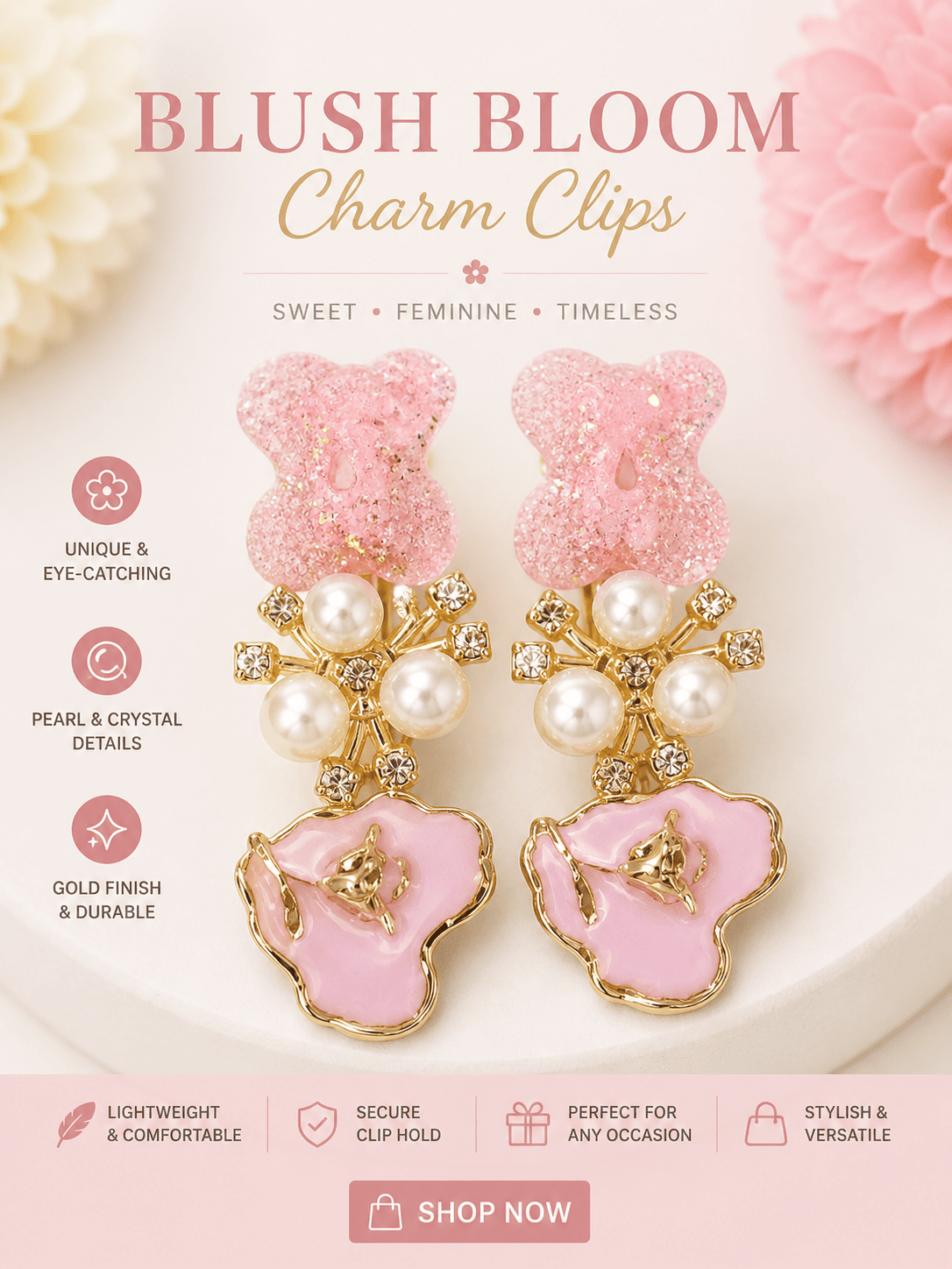Pink Floral Pearl Hair Clips for Girls | Korean Style Gold Hair Accessories – Azarbex™