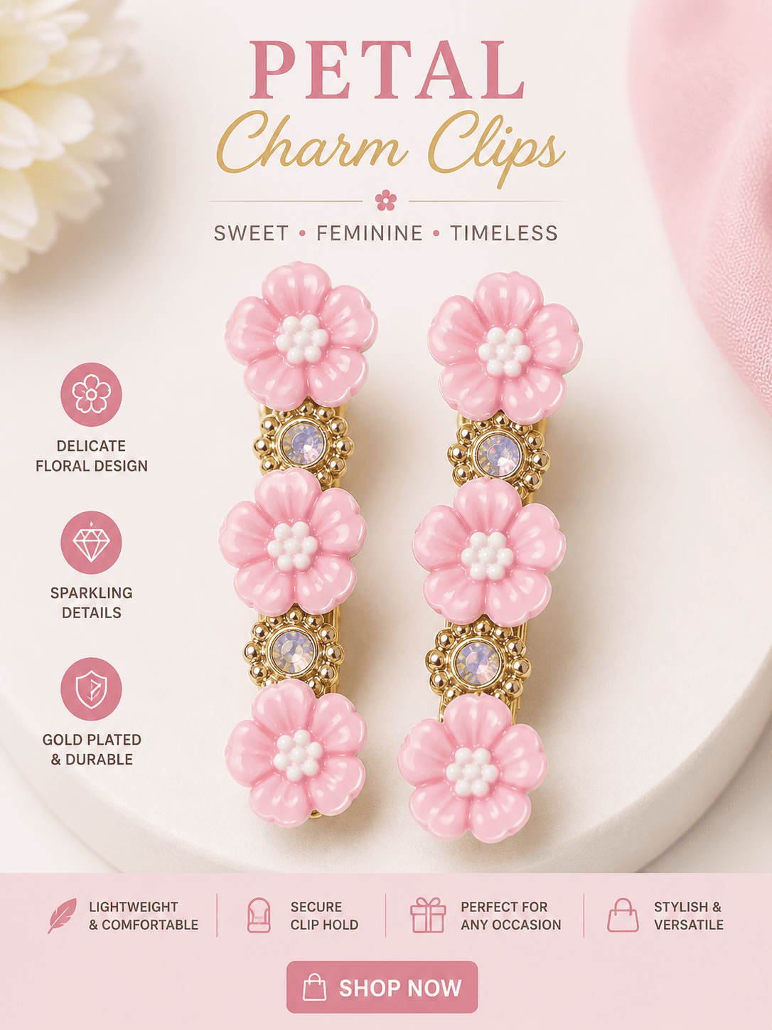 Pink Floral Pearl Hair Clips for Girls | Korean Style Gold Hair Accessories – Azarbex™