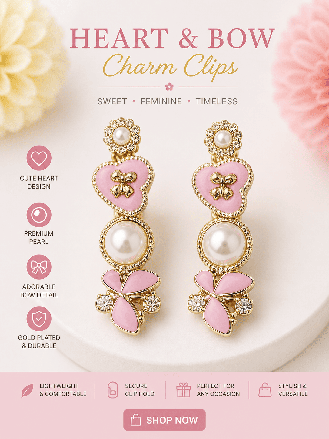 Pink Floral Pearl Hair Clips for Girls | Korean Style Gold Hair Accessories – Azarbex™