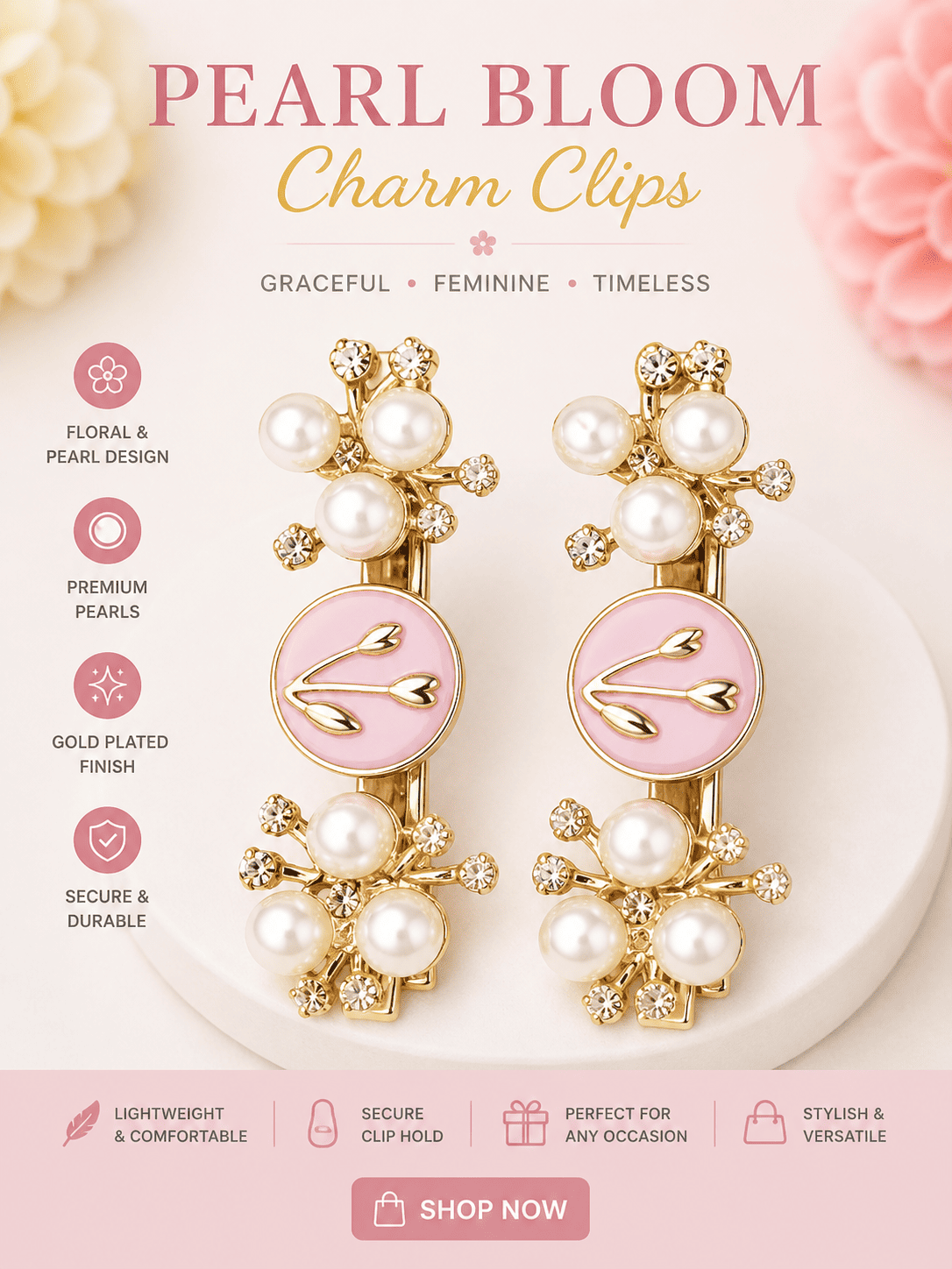 Pink Floral Pearl Hair Clips for Girls | Korean Style Gold Hair Accessories – Azarbex™