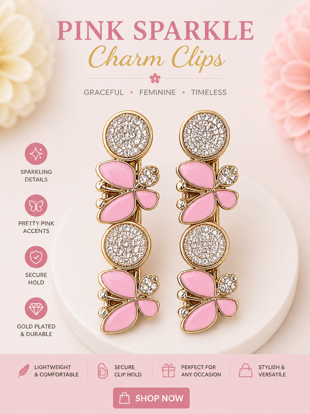 Pink Floral Pearl Hair Clips for Girls | Korean Style Gold Hair Accessories – Azarbex™