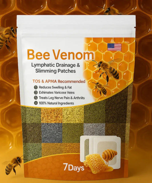 Bee venom lymphatic drainage and slimming patches package with honeycomb, bees, and ingredient images