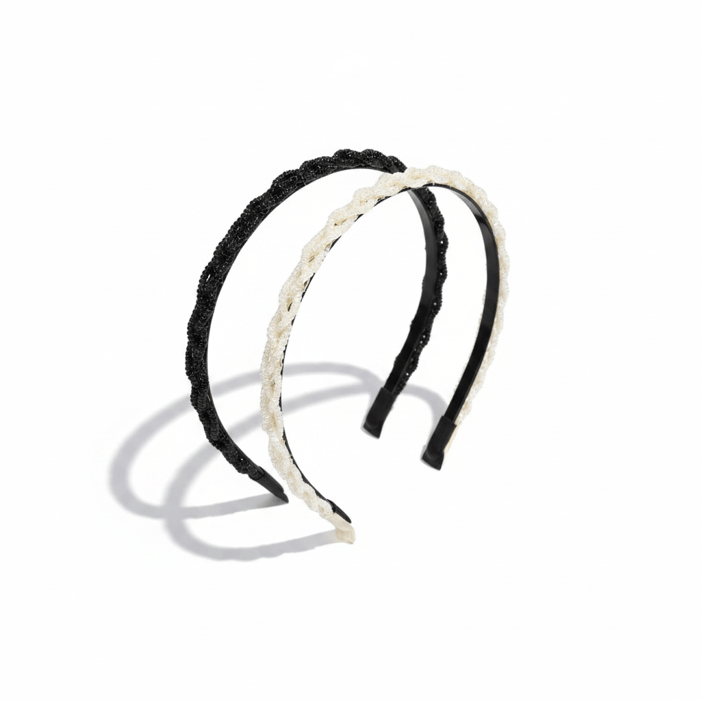 Azarbex™ Premium Pearl Hair Band Set of 2 with black and cream designs, featuring exquisite pearl bead detailing.