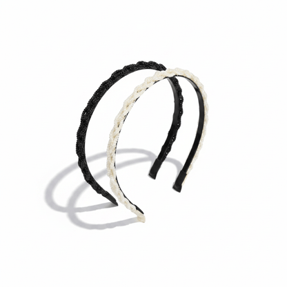 Azarbex™ Premium Pearl Hair Band Set of 2 with black and cream designs, featuring exquisite pearl bead detailing.