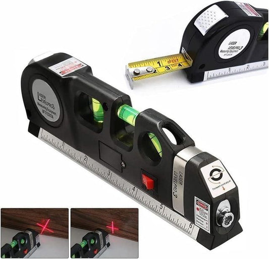Level with laser pointer and tape measure on a white background